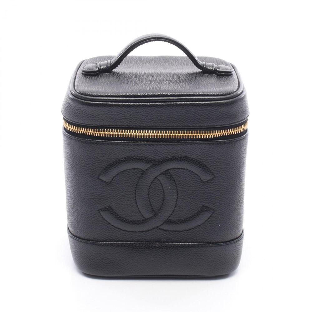 CHANEL Black Caviar Leather Logo Vanity Bag
